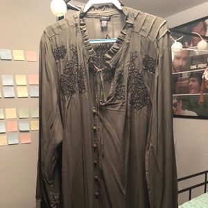 Olive Embroidered Challis Front Tie Blouse